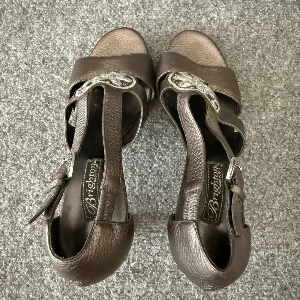 Brighton Viva Pewter Metallic Leather Jewel Strappy Sandals Dress Heels Size 9 M